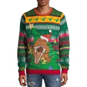 Holiday Time Ugly Christmas Sweater Dinosaur T-Rex Men's 2X (50-52) Embroidered